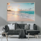 Beach Sunset Wall Art Canvas Print, Framed Ocean Waves Summer Escape