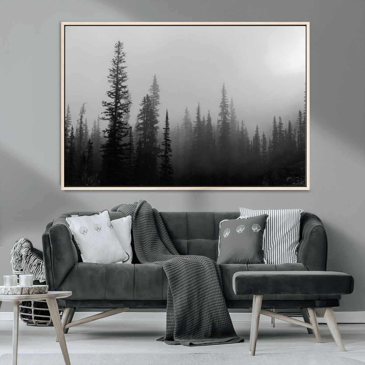 Misty Pines Wall Art Canvas Print, Framed Woodland Minimalist Black and White