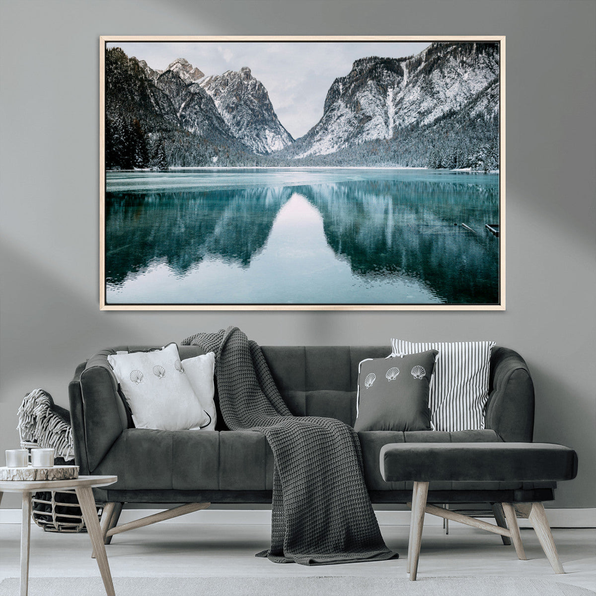 Mountain Lake Wall Art Canvas Print, Framed Toblacher See Winter Wonderland