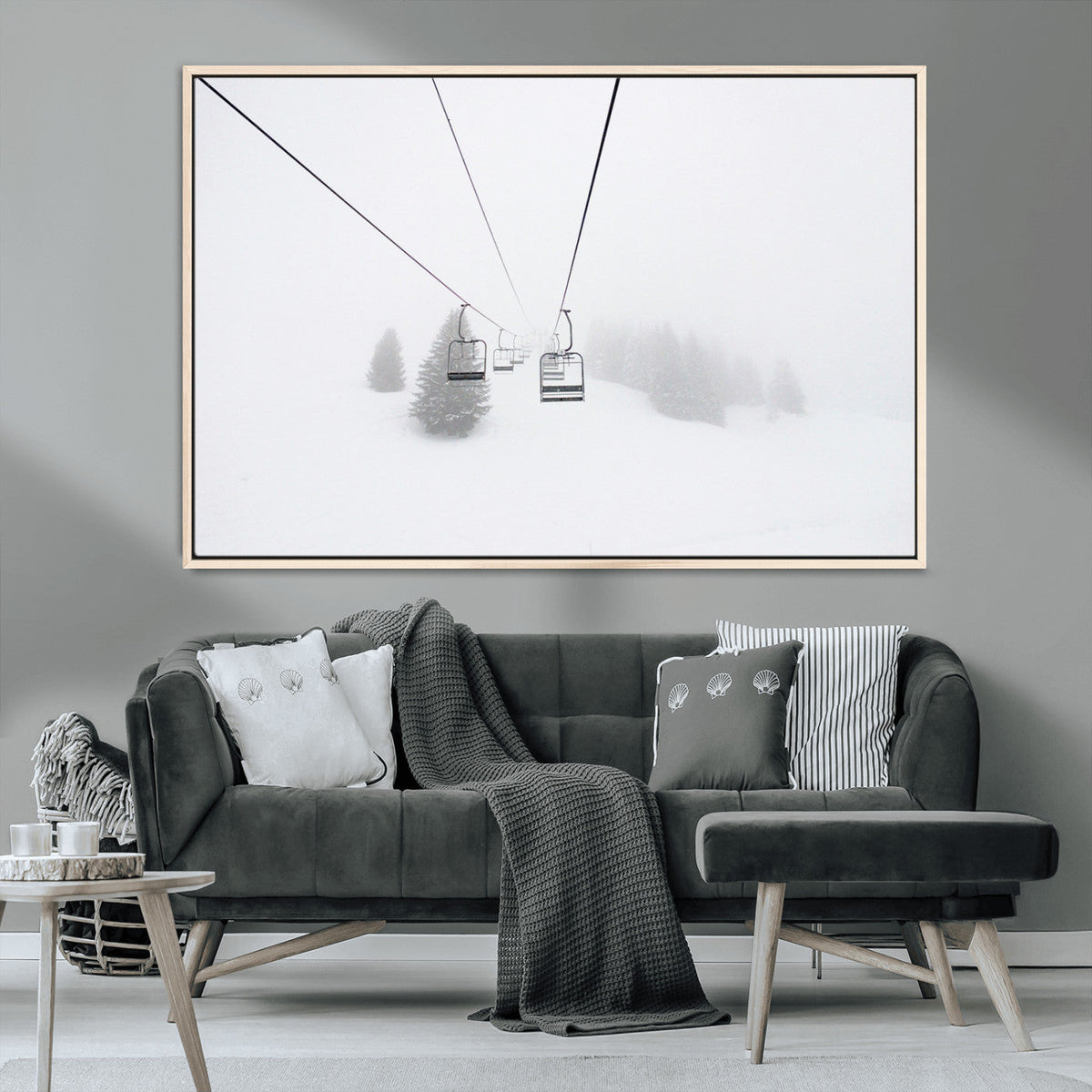 Ski Lift Wall Art Canvas Print, Framed Snowy Landscape Art, Alpine Adventure Nordic Minimalist Decor