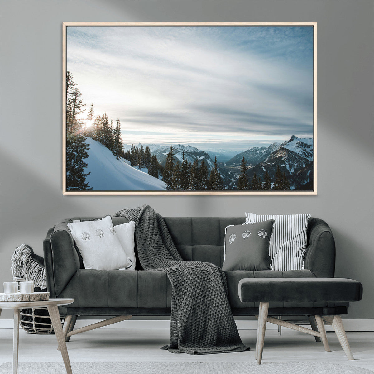 Snowy Mountains Wall Art Canvas Print, Framed Alpine Landscape Frosty Peaks Artwork