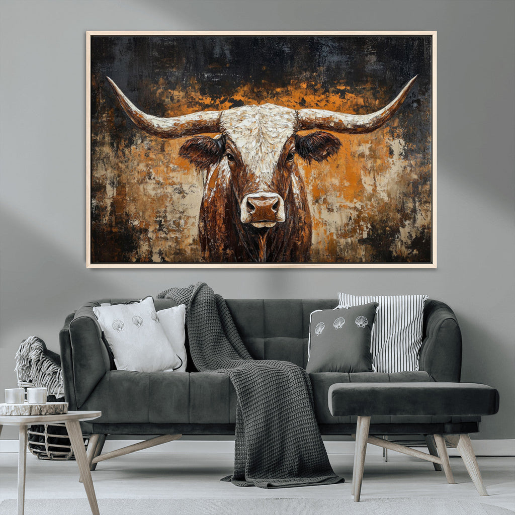 Abstract Longhorn Bull Wall Art Canvas Print, Vintage Western Texas Steer Artwork