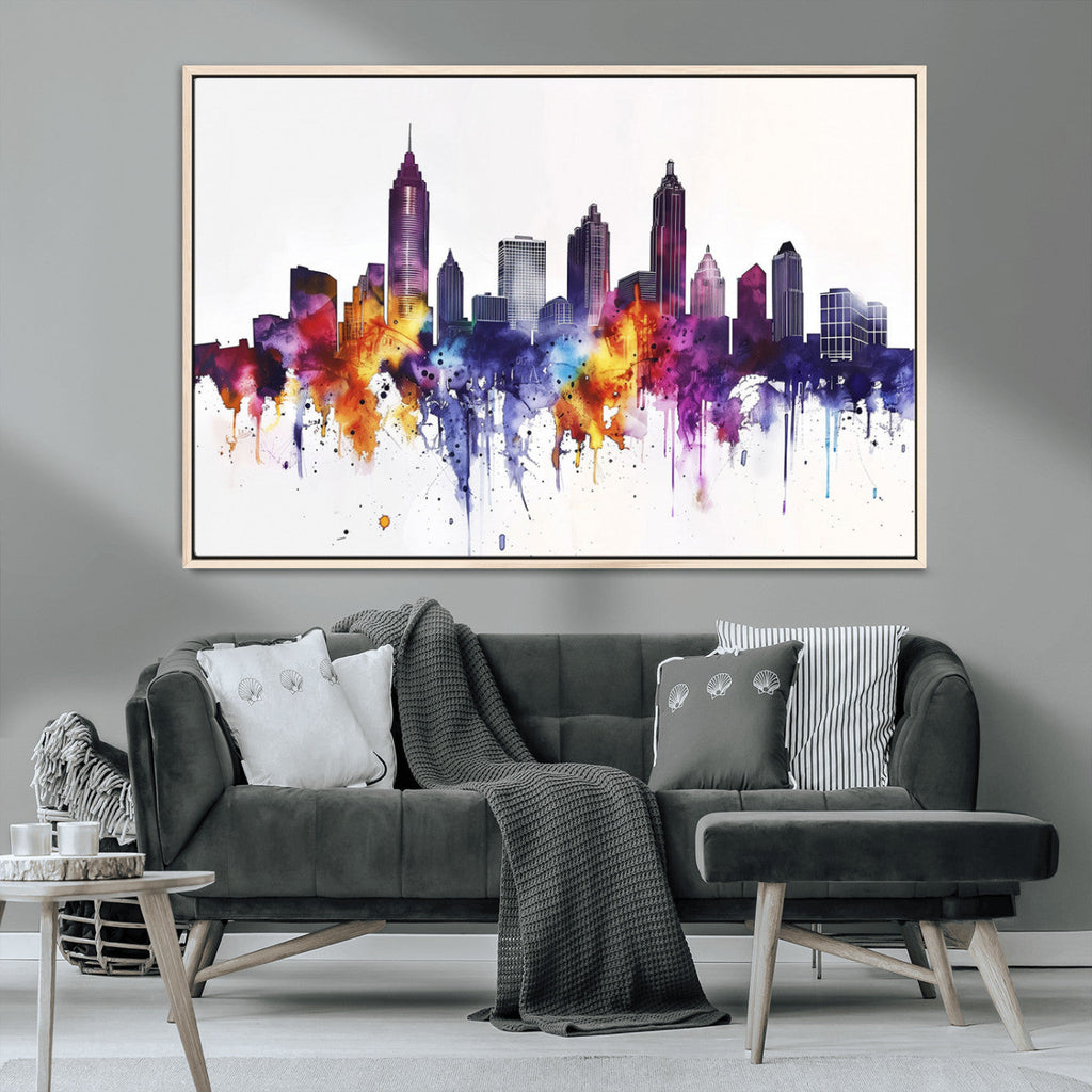 Atlanta Skyline Wall Art Canvas Print, Framed Colorful Watercolor Cityscape