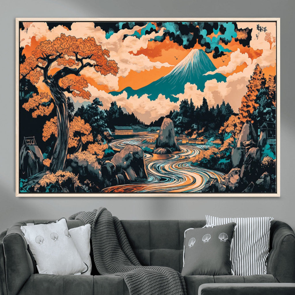 Japanese Landscape Wall Art Canvas Print, Mount Fuji with Flowing River and Autumn Trees