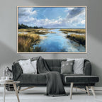 Marshland Wall Art Canvas Print, Serene Water Reflection with Blue Sky and Golden Grass