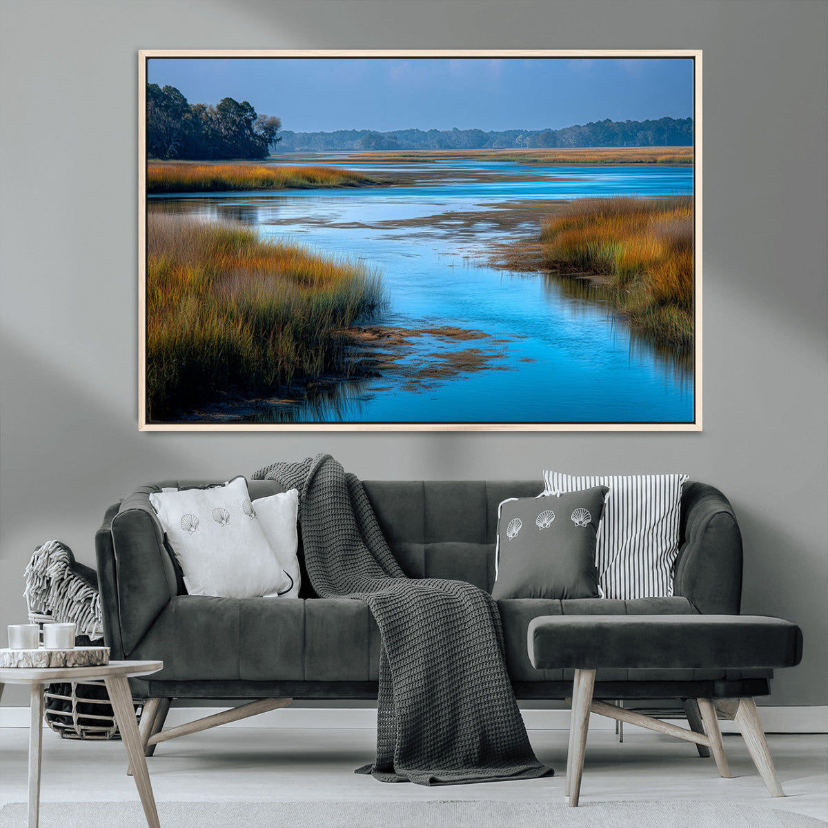 Tranquil Marshland Wall Art Canvas Print, Blue Water Reflecting Sky and Golden Grasses