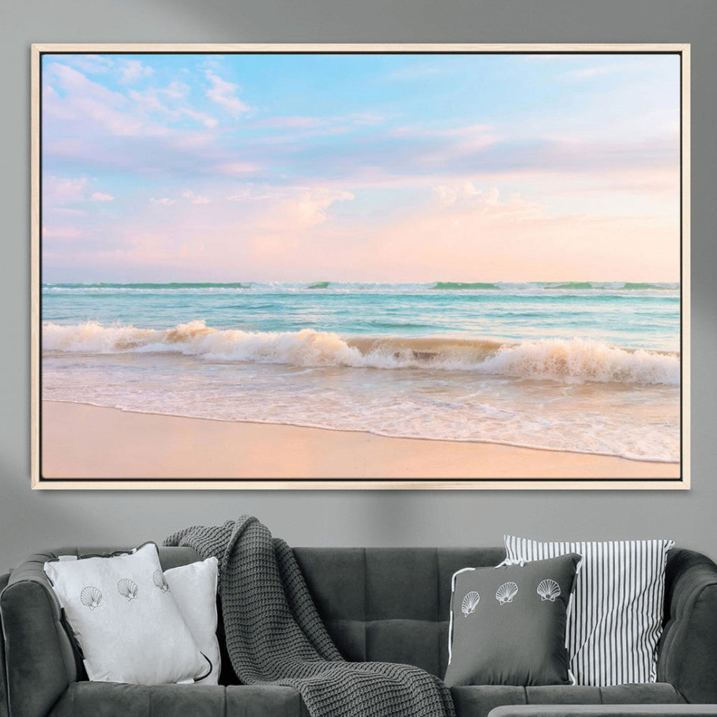 Serene Ocean Waves Wall Art Canvas Print, Pastel Sky Over a Soft Sand Beach