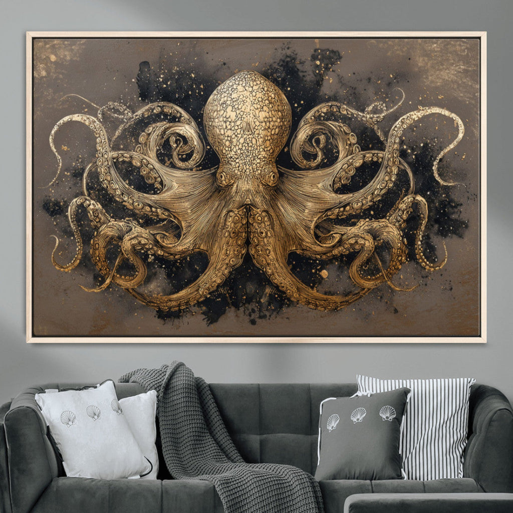 Octopus Wall Art Canvas Print, Black and Gold Detailed Tentacles Nautical Illustration