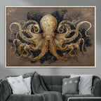 Octopus Wall Art Canvas Print, Black and Gold Detailed Tentacles Nautical Illustration