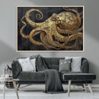 Octopus Wall Art Canvas Print, Gold Detail Octopus on Wooden Plank Background