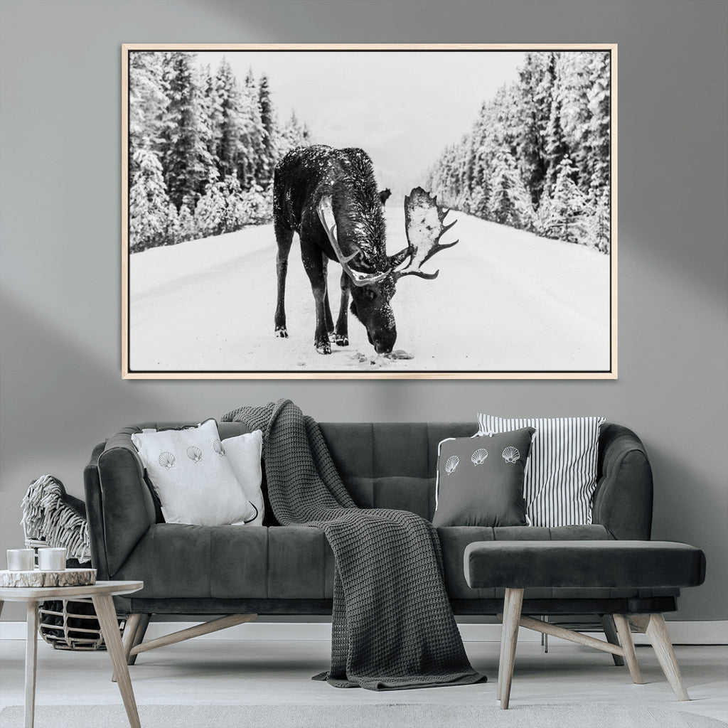 Moose Wall Art Canvas Print, Winter Moose with Antlers in a Snowy Forest