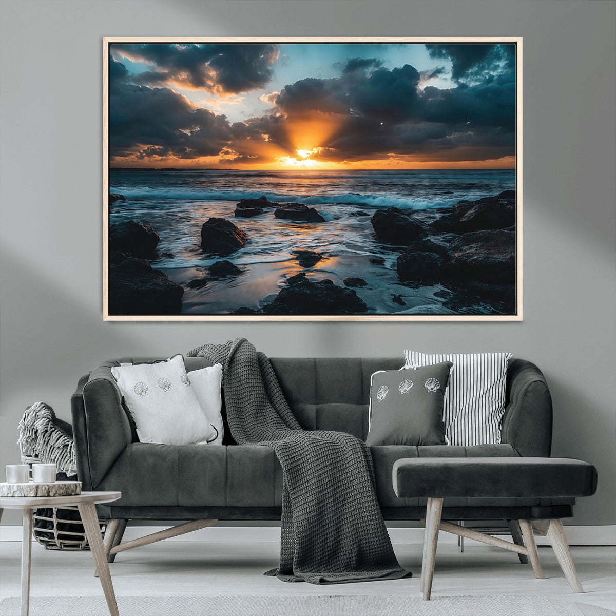 Ocean Sunset Wall Art Canvas Print, Rocky Shore Waves and Golden Sun Rays
