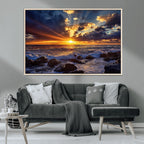 Sunset Ocean Wall Art Canvas Print, Waves on a Rocky Shore Under Dramatic Sky