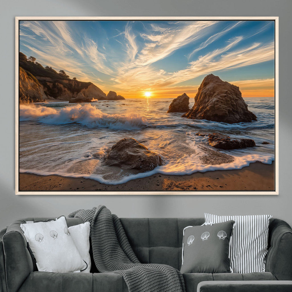 Rocky Ocean Sunset Wall Art Print, Seaside Canvas with Dramatic Seascape