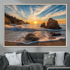 Rocky Ocean Sunset Wall Art Print, Seaside Canvas with Dramatic Seascape
