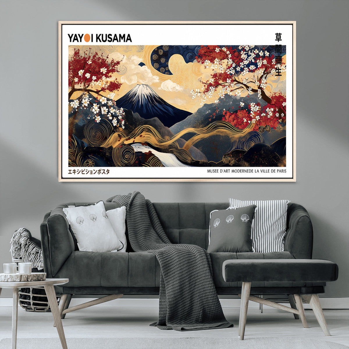 Yayoi Kusama Inspired Japanese Art Canvas Print, Floral Mt. Fuji Modern Asian Wall Decor