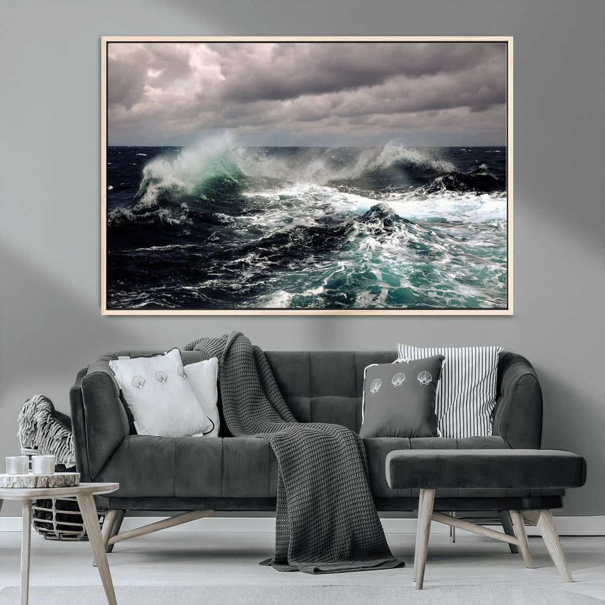 Stormy Ocean Waves Canvas Wall Art, Framed Turbulent Sea Nature Print