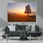 Golden Sunrise Landscape Canvas Wall Art, Framed Misty Field Nature Print