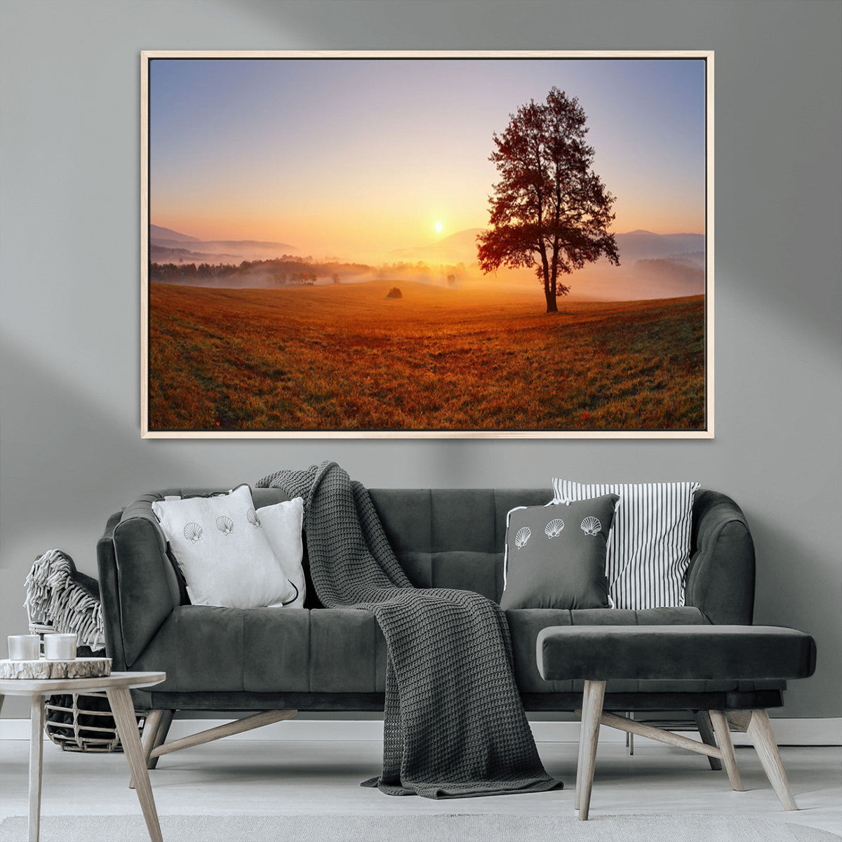Golden Sunrise Landscape Canvas Wall Art, Framed Misty Field Nature Print
