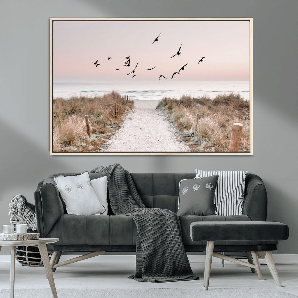 Coastal Pathway Canvas Wall Art Print, Framed Seaside Landscape with Beach and Birds
