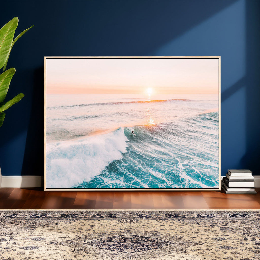 Sunset Surfing Wall Art Canvas Print, Ocean Wave Surfer with Golden Sky