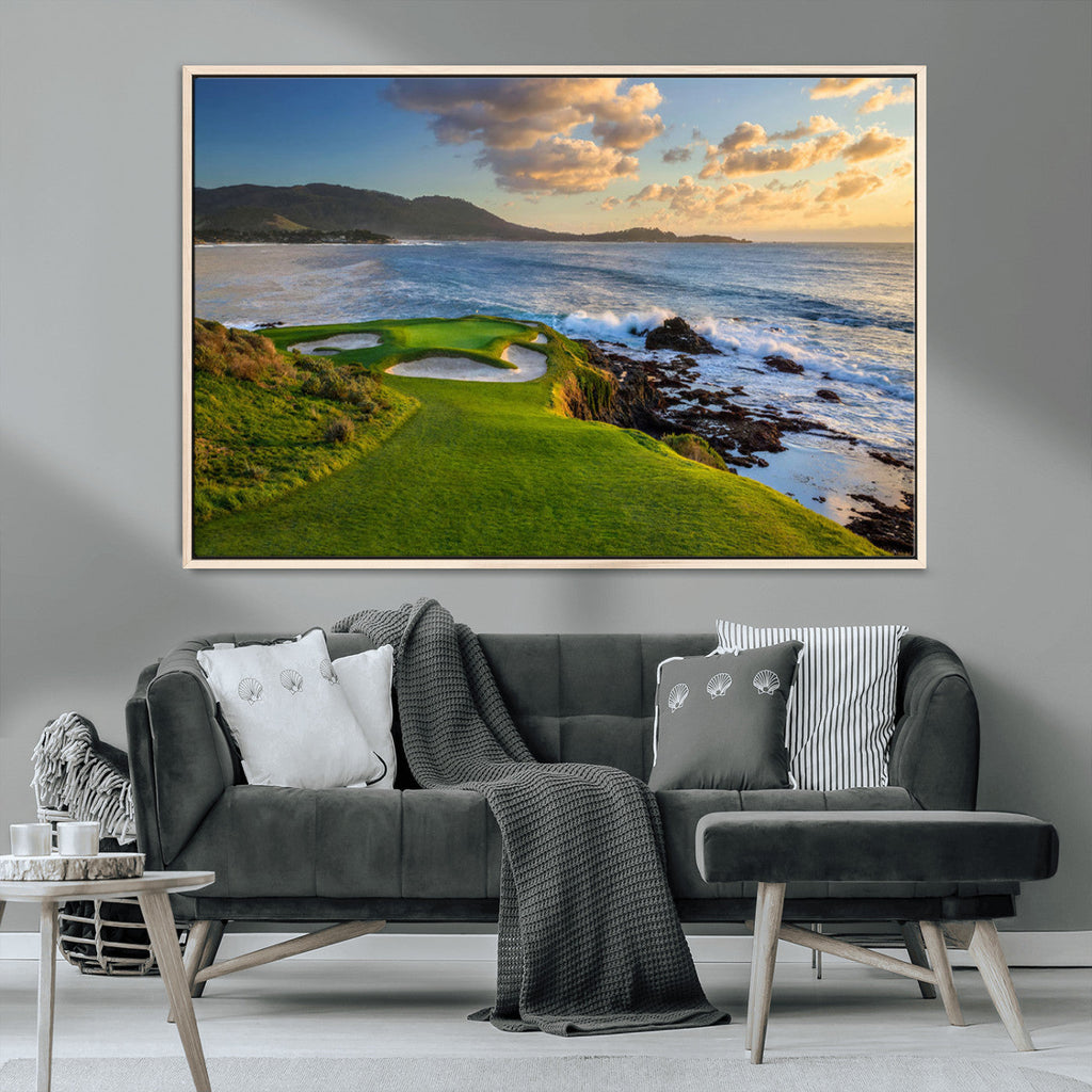 Coastal Golf Course Wall Art Canvas Print, Sunset with Rolling Green Fairways and Ocean Waves