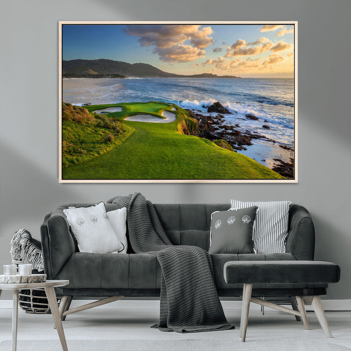 Coastal Golf Course Wall Art Canvas Print, Sunset with Rolling Green Fairways and Ocean Waves