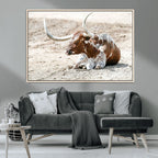 Majestic Longhorn Wall Art Canvas Print, Resting on Sunlit Desert Ground