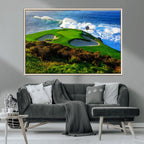 Coastal Golf Course Wall Art Canvas Print, Vibrant Green with Sand Bunkers and Ocean Waves