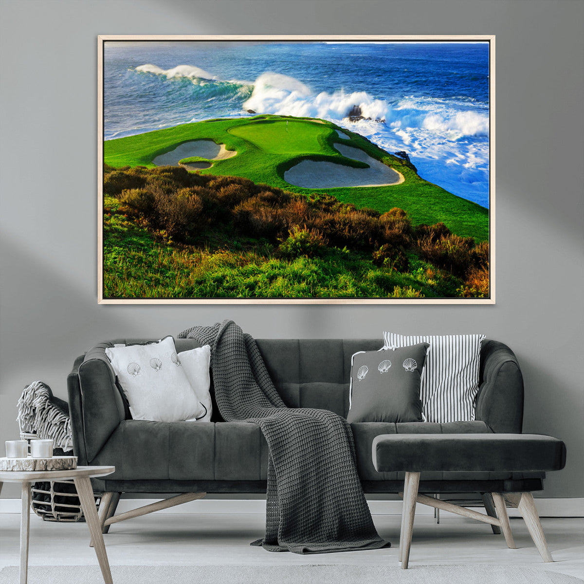 Coastal Golf Course Wall Art Canvas Print, Vibrant Green with Sand Bunkers and Ocean Waves