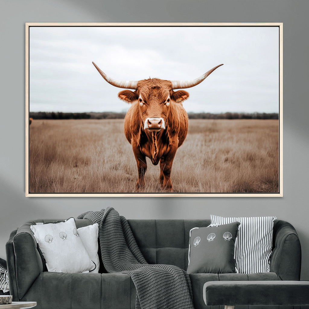 Longhorn Bull Wall Art Canvas Print, Framed Rustic Decor