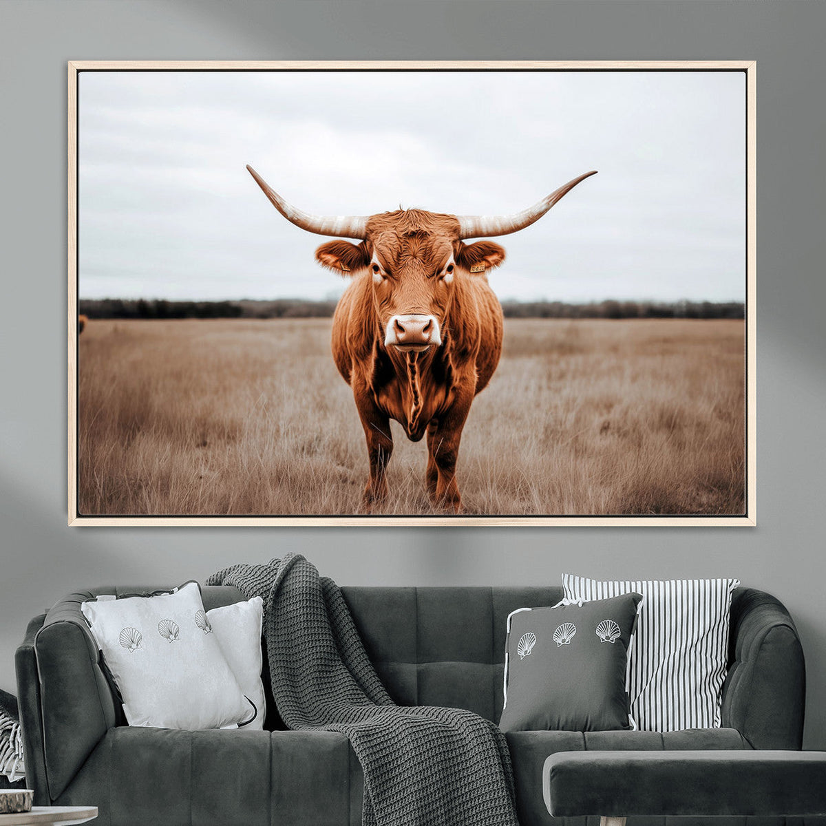 Longhorn Bull Wall Art Canvas Print, Framed Rustic Decor