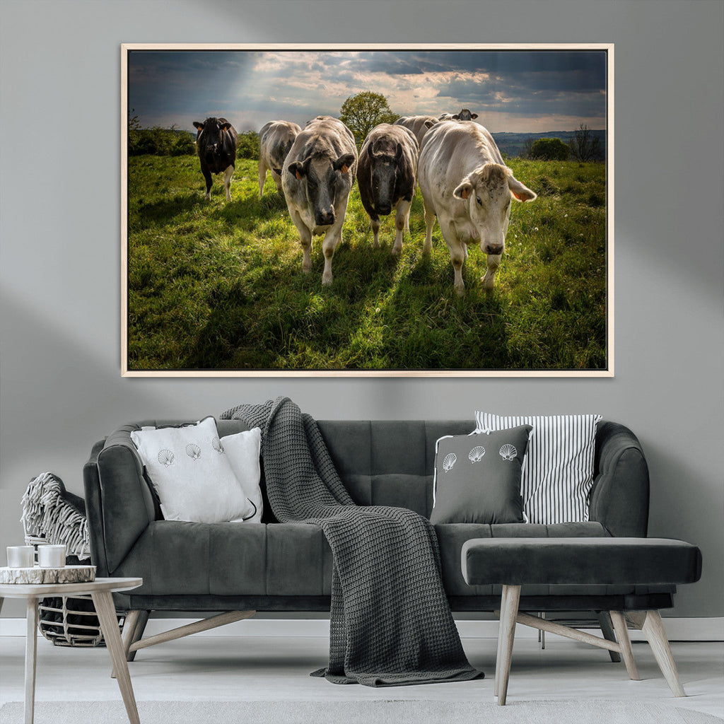 Grazing Cattle Herd Wall Art Canvas Print, Framed Green Pasture Farm Scene