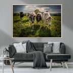 Grazing Cattle Herd Wall Art Canvas Print, Framed Green Pasture Farm Scene