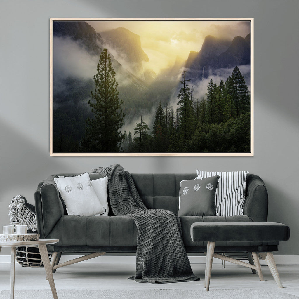 Misty Forest Sunrise Wall Art Canvas Print, Framed Mountain Valley Pine Trees