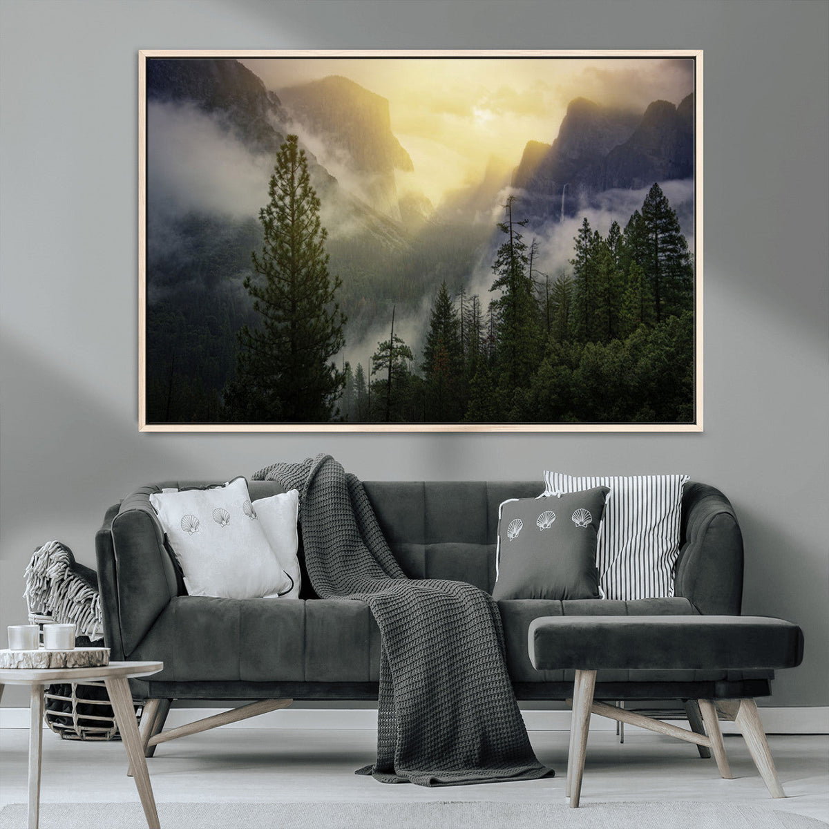 Misty Forest Sunrise Wall Art Canvas Print, Framed Mountain Valley Pine Trees