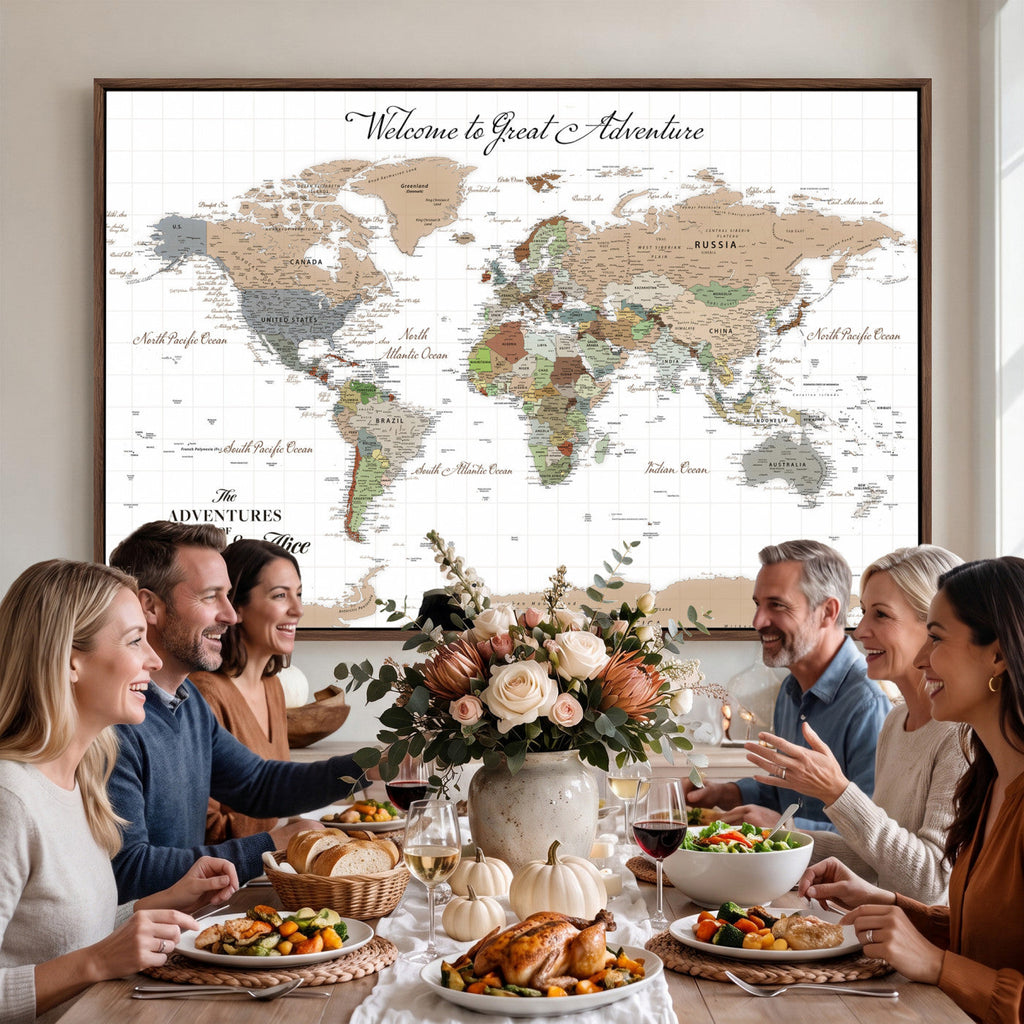 Custom Beige Push Pin World Map Wall Art, Bucket List Map, Study and Hallway Decor