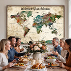 Personalized Beige Grunge World Map Canvas with Push Pins, Next Trip Planner Map, Family Room and Home Office Decor