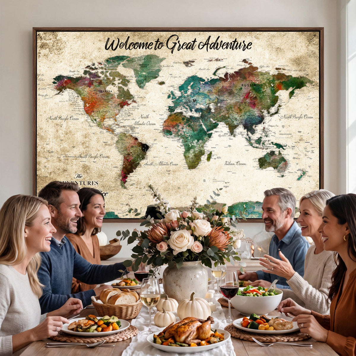 Personalized Beige Grunge World Map Canvas with Push Pins, Next Trip Planner Map, Family Room and Home Office Decor