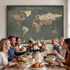 Personalized Framed Beige Modern World Map Canvas with Push Pins, Bucket List Map, Family Room and Dining Room Decor