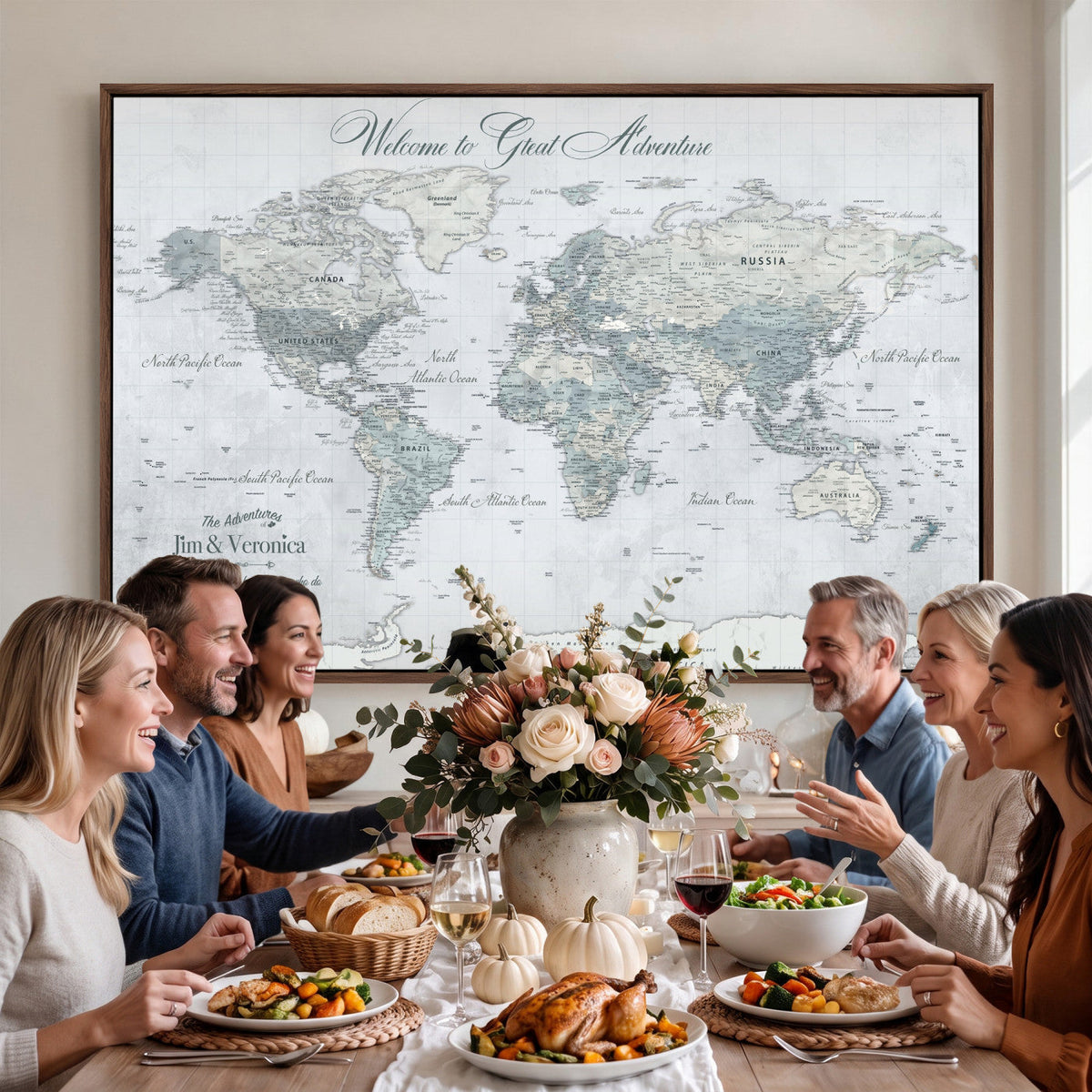Personalized Beige Antique Push Pin World Map Canvas Print, Family Travel Tracker, Family Room and Entryway Decor