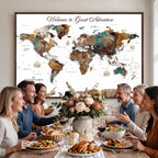 Custom Framed Beige Modern Push Pin World Map Wall Art, Couples Countries Visited Map, Study and Entryway Decor