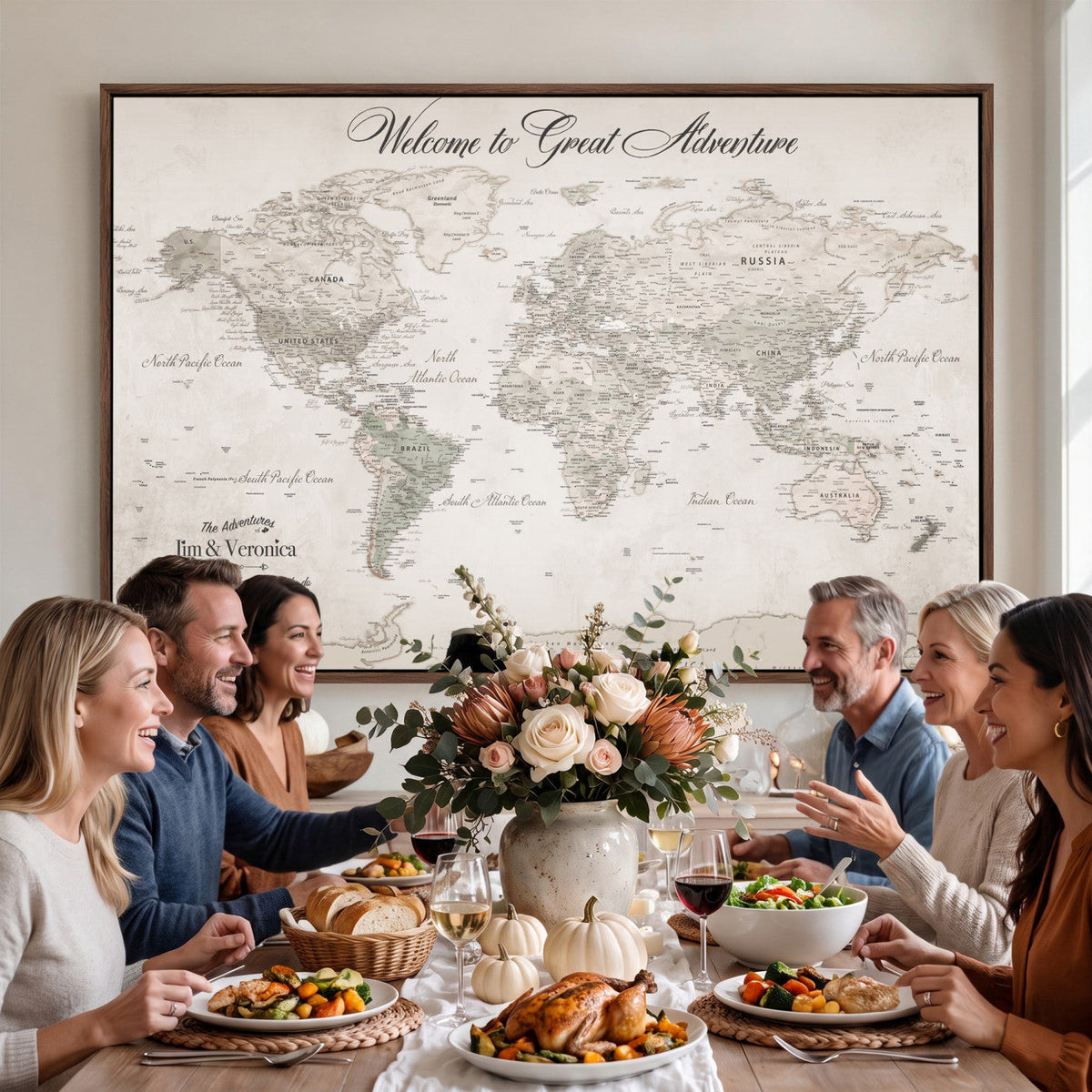 Personalized Beige World Map Canvas with Push Pins, Places Visited Tracker, Family Room and Entryway Decor