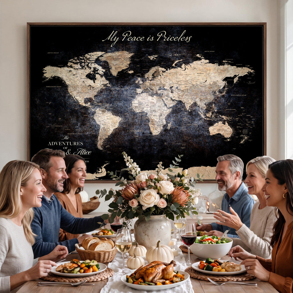 Personalized Beige World Map Canvas with Push Pins, Couples Countries Visited Map, Study and Hallway Decor