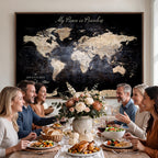 Personalized Beige World Map Canvas with Push Pins, Couples Countries Visited Map, Study and Hallway Decor