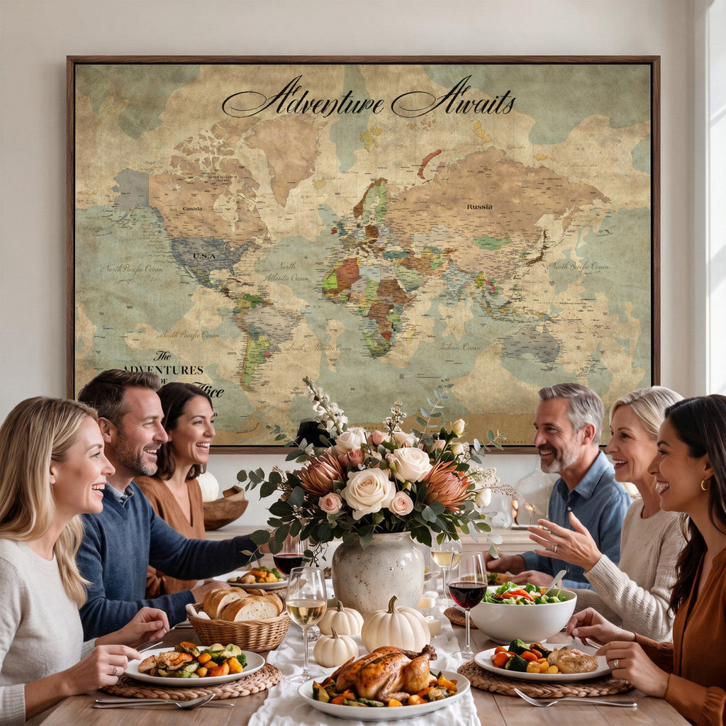 Custom Beige World Travel Map Wall Art with Pins, Bucket List Map, Dining Room and Study Decor
