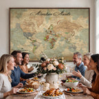 Custom Beige World Travel Map Wall Art with Pins, Bucket List Map, Dining Room and Study Decor