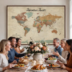 Custom Beige Push Pin World Map Canvas Print, Next Trip Planner Map, Family Room and Study Decor