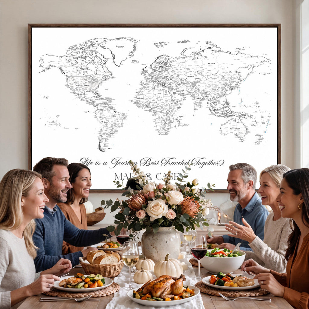 Personalized Framed Beige Modern Push Pin Travel Map Canvas Print, Couples Countries Visited Map, Living Room and Family Room Decor