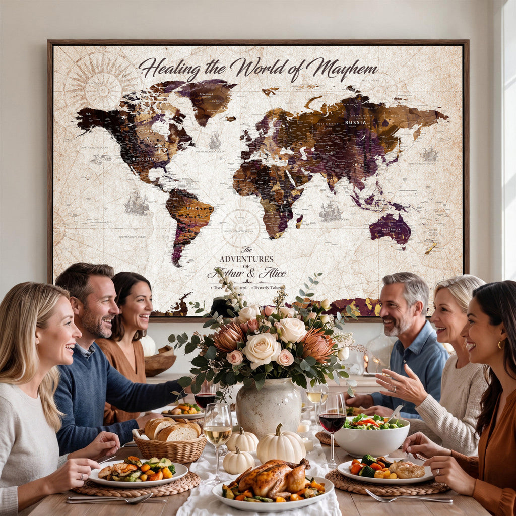Personalized Framed Navy World Travel Map Wall Art with Pins, Honeymoon and Anniversary Gift, Living Room and Bedroom Decor